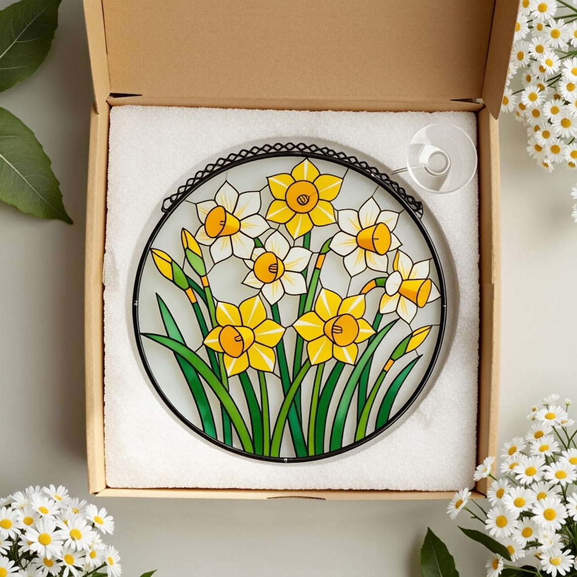 Stained Glass Daffodil Suncatcher,Yellow Floral Window Hanging,Spring Garden Decor,Narcissus Flower Art,Birthday Gift for Mom,Garden Art