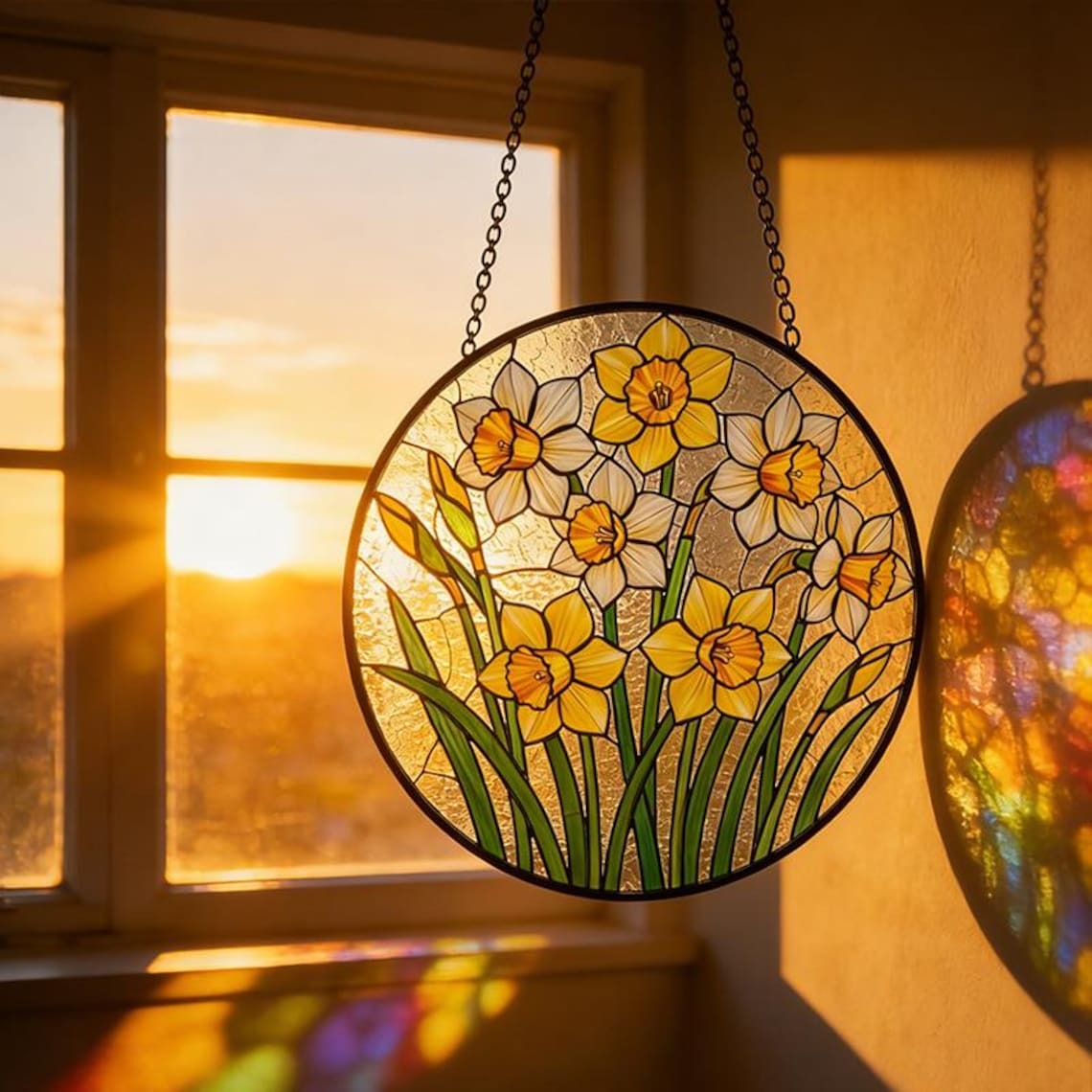 Stained Glass Daffodil Suncatcher,Yellow Floral Window Hanging,Spring Garden Decor,Narcissus Flower Art,Birthday Gift for Mom,Garden Art