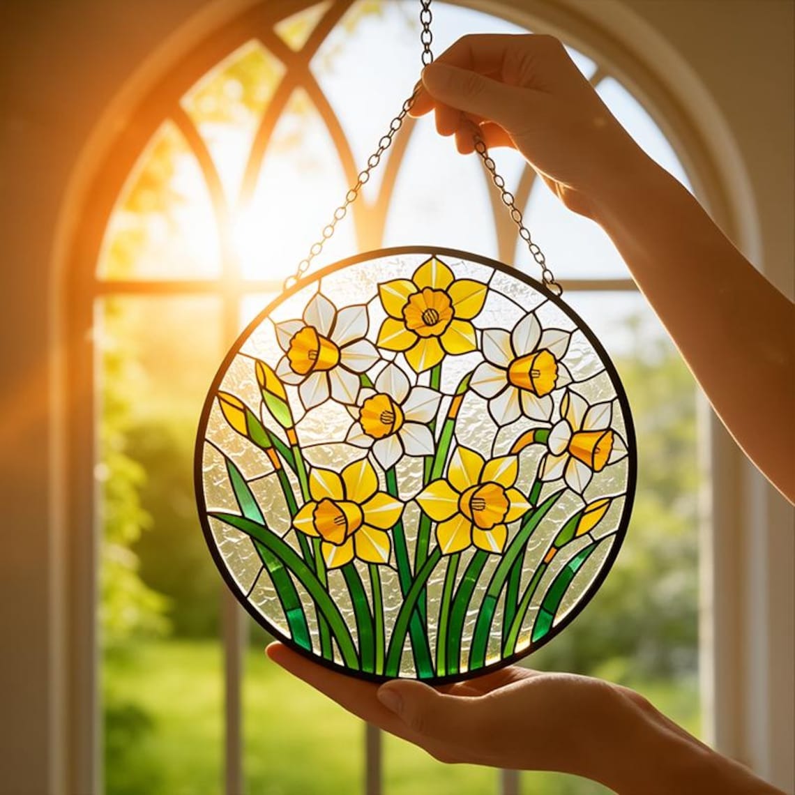 Stained Glass Daffodil Suncatcher,Yellow Floral Window Hanging,Spring Garden Decor,Narcissus Flower Art,Birthday Gift for Mom,Garden Art