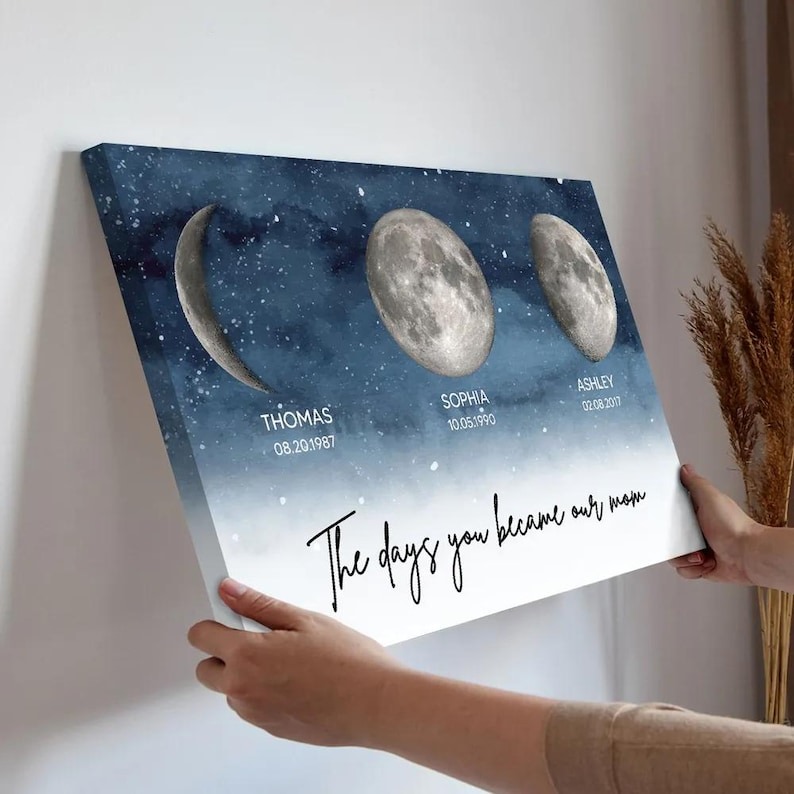 Personalized Moon Phase By Date Frame Canvas, Custom Mom and Kids Moon Phase Canvas, Mother’s Day Gift, Gift For Mom, Gift For Grandma, Nana