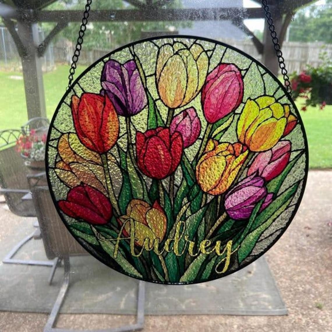 Personalized Colorful Tulips Painted Stained Glass Suncatcher, Teacher Garden Window Hanging Decor,Outdoor Sun Catcher, Flower Botanical Art