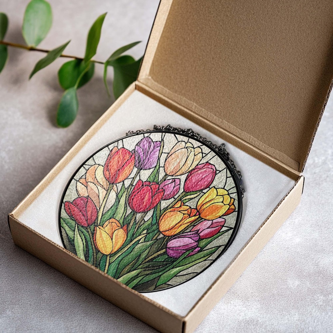 Personalized Colorful Tulips Painted Stained Glass Suncatcher, Teacher Garden Window Hanging Decor,Outdoor Sun Catcher, Flower Botanical Art