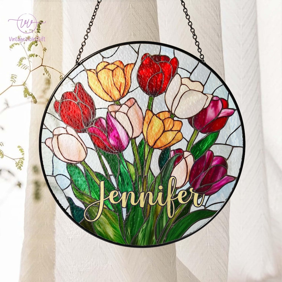 Personalized Colorful Tulips Painted Stained Glass Suncatcher, Teacher Garden Window Hanging Decor,Outdoor Sun Catcher, Flower Botanical Art