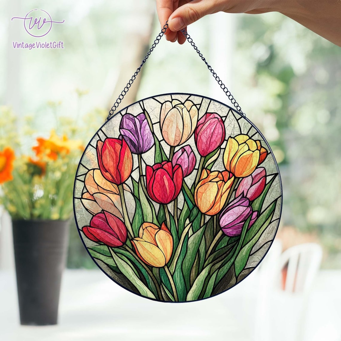 Personalized Colorful Tulips Painted Stained Glass Suncatcher, Teacher Garden Window Hanging Decor,Outdoor Sun Catcher, Flower Botanical Art
