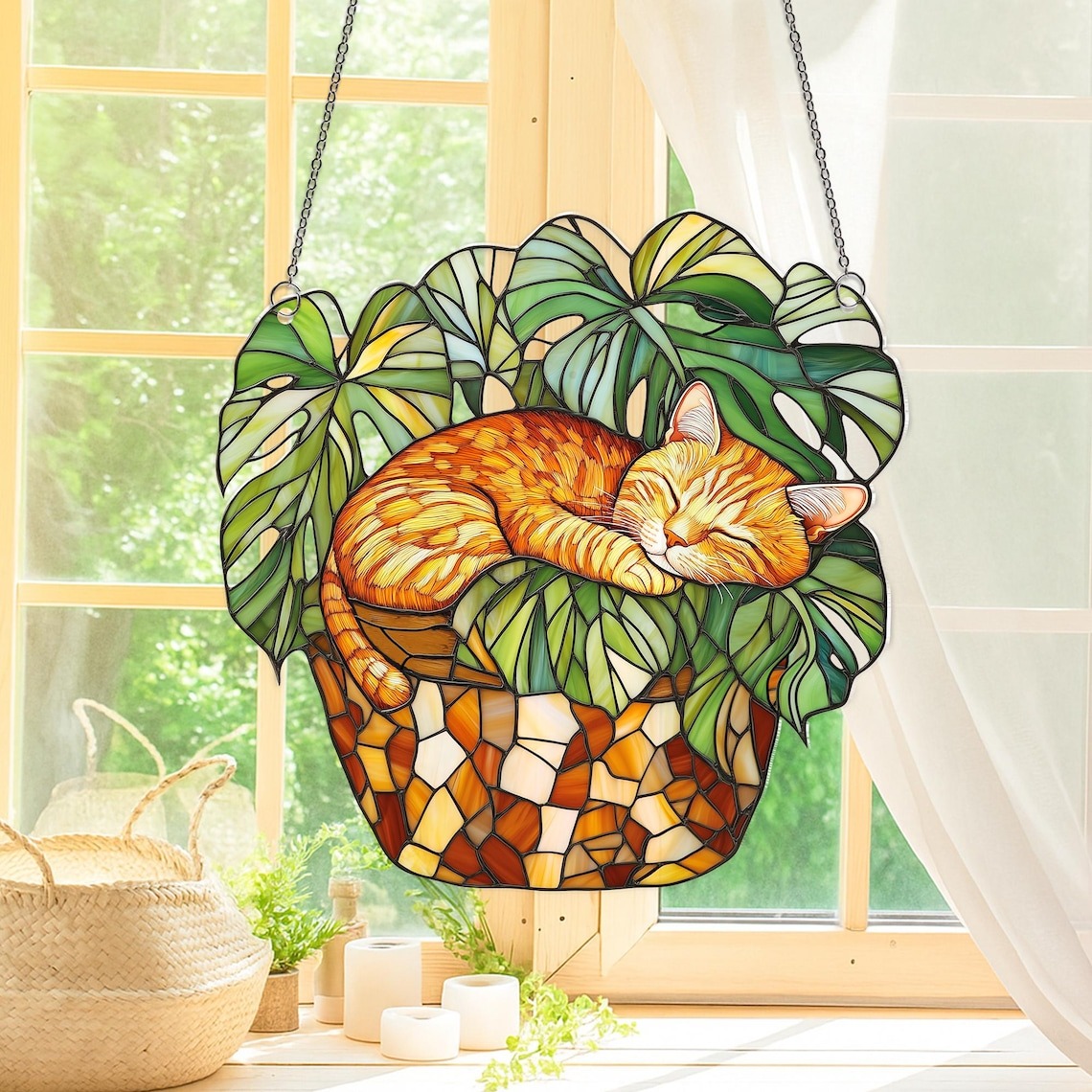 Orange Cat Monstera Suncatcher: Fade Resistant Acrylic Window Hanging