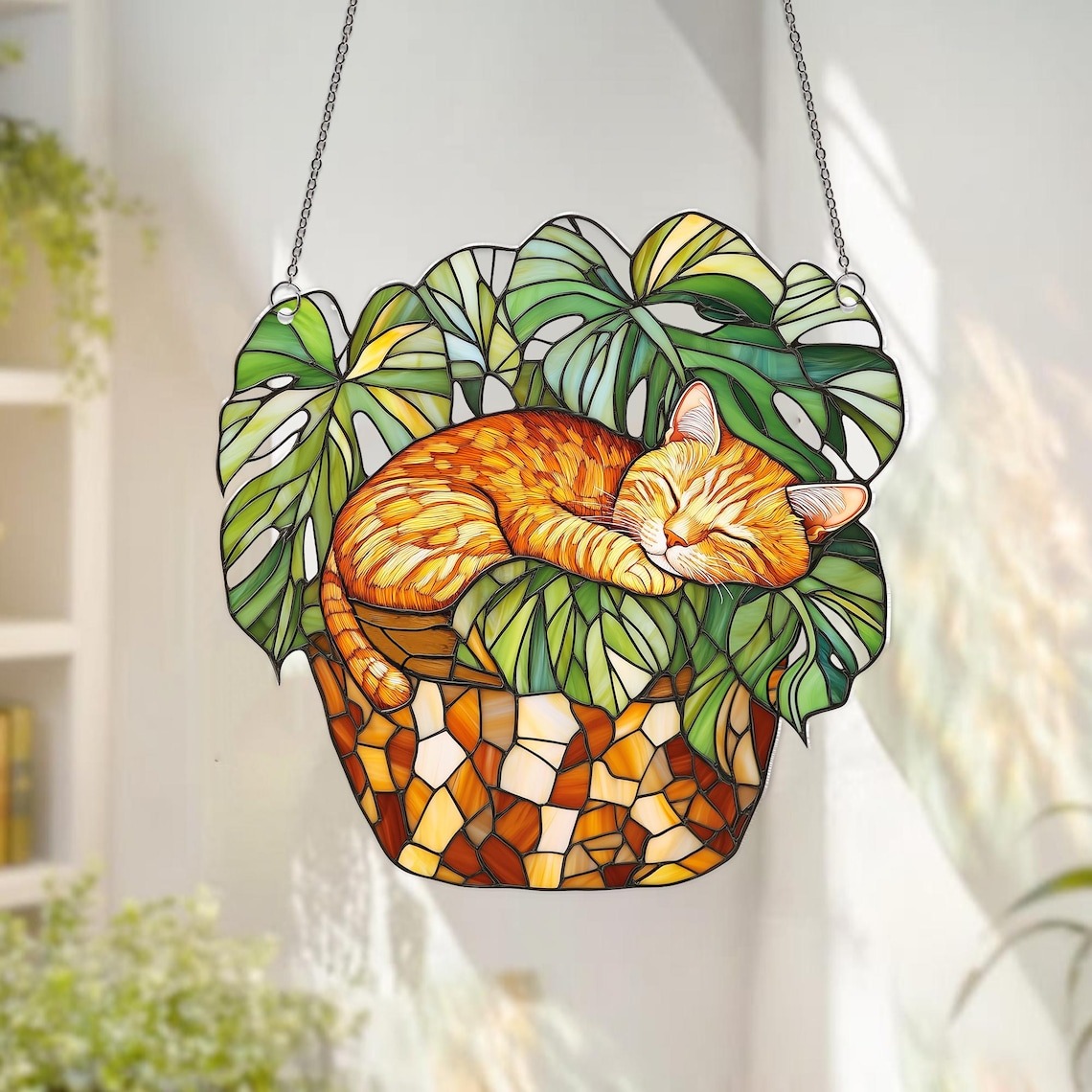 Orange Cat Monstera Suncatcher: Fade Resistant Acrylic Window Hanging