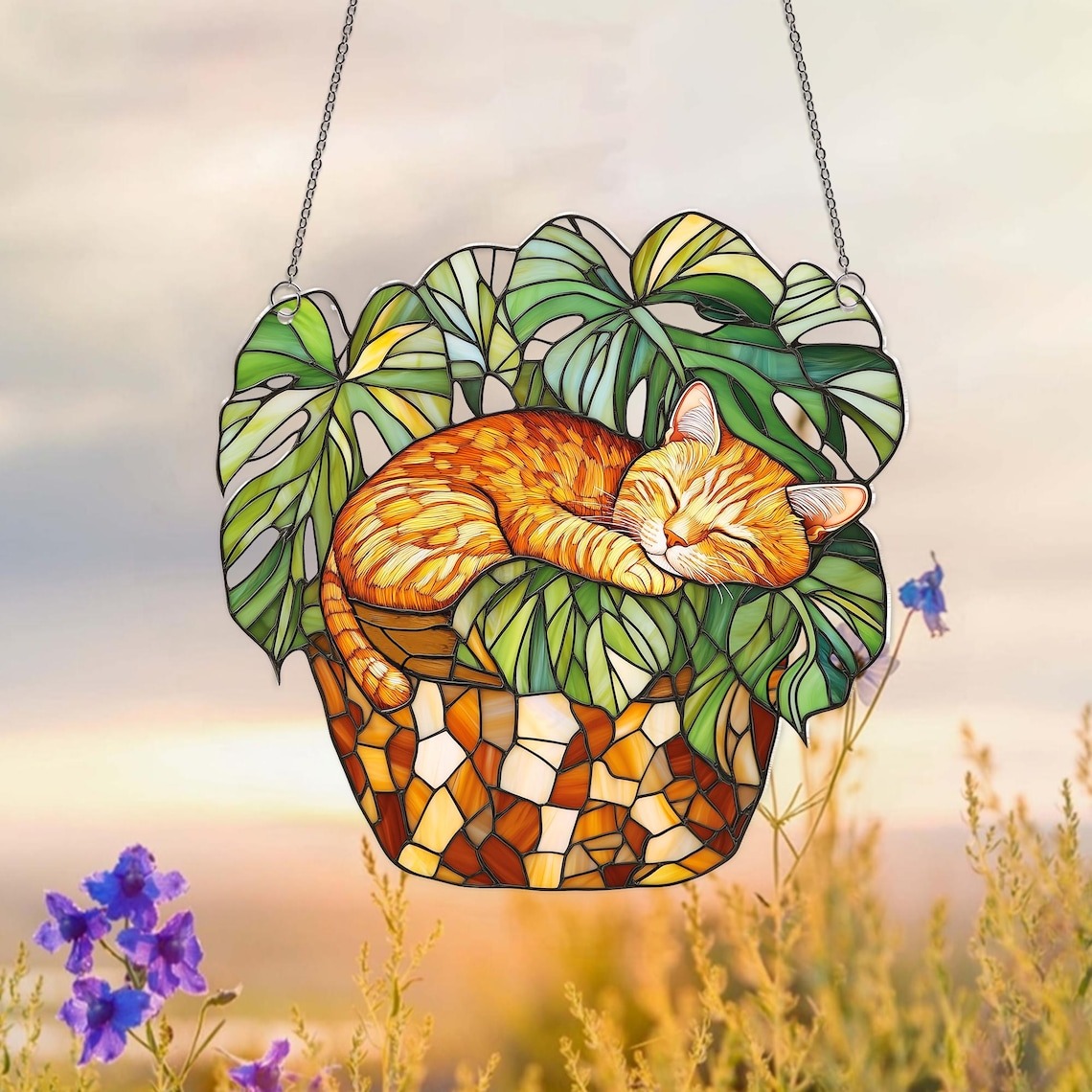 Orange Cat Monstera Suncatcher: Fade Resistant Acrylic Window Hanging