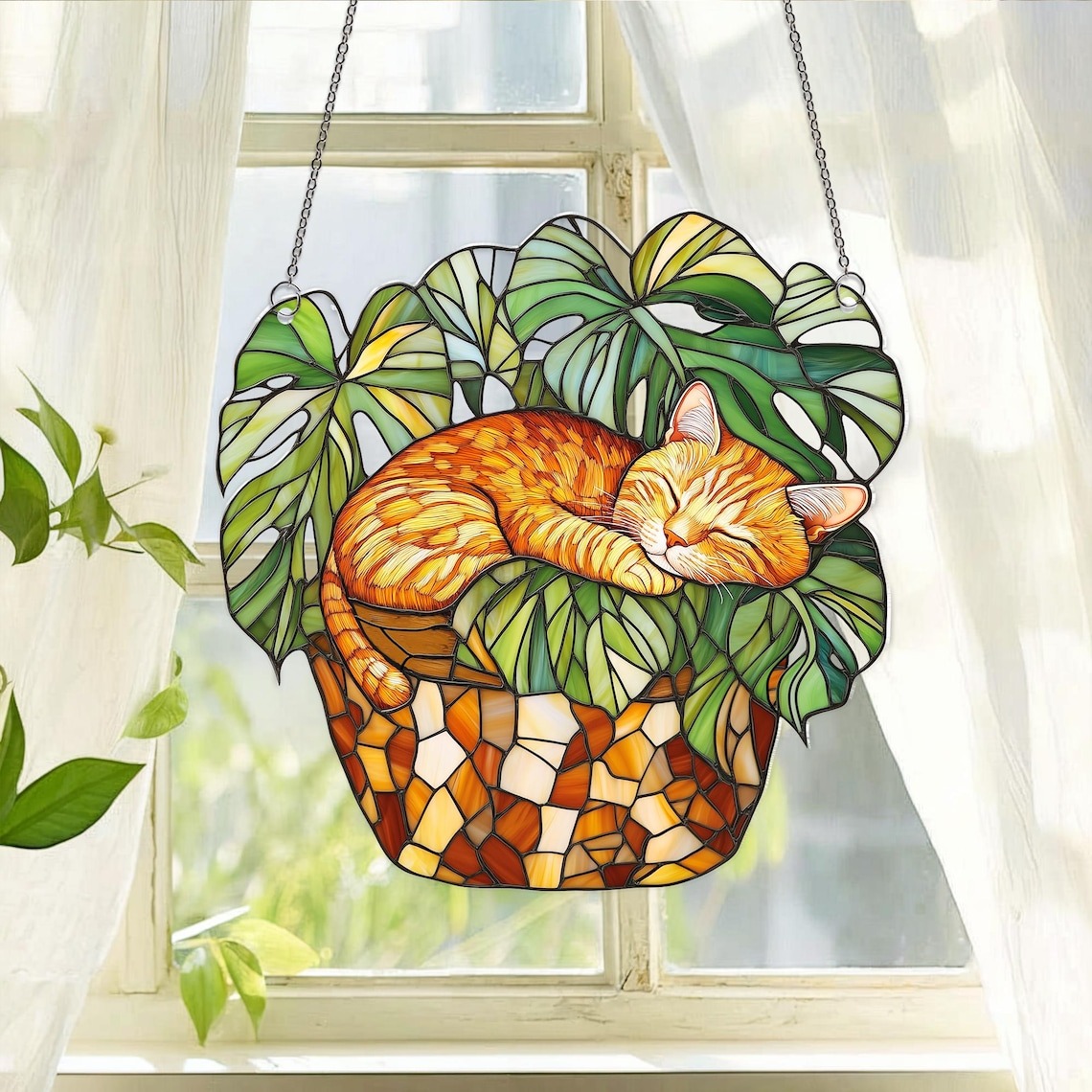 Orange Cat Monstera Suncatcher: Fade Resistant Acrylic Window Hanging
