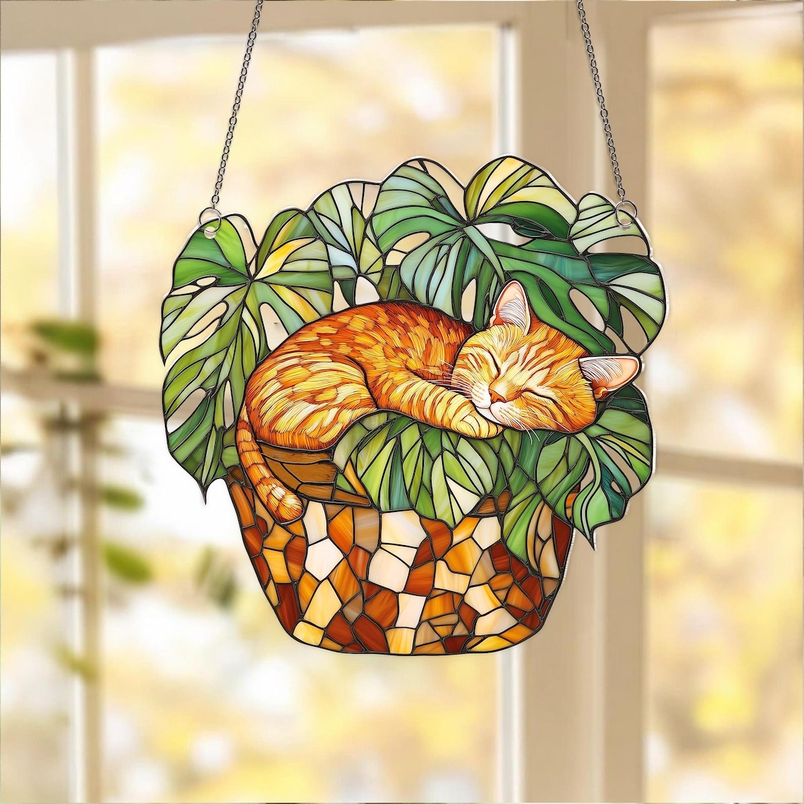 Orange Cat Monstera Suncatcher: Fade Resistant Acrylic Window Hanging