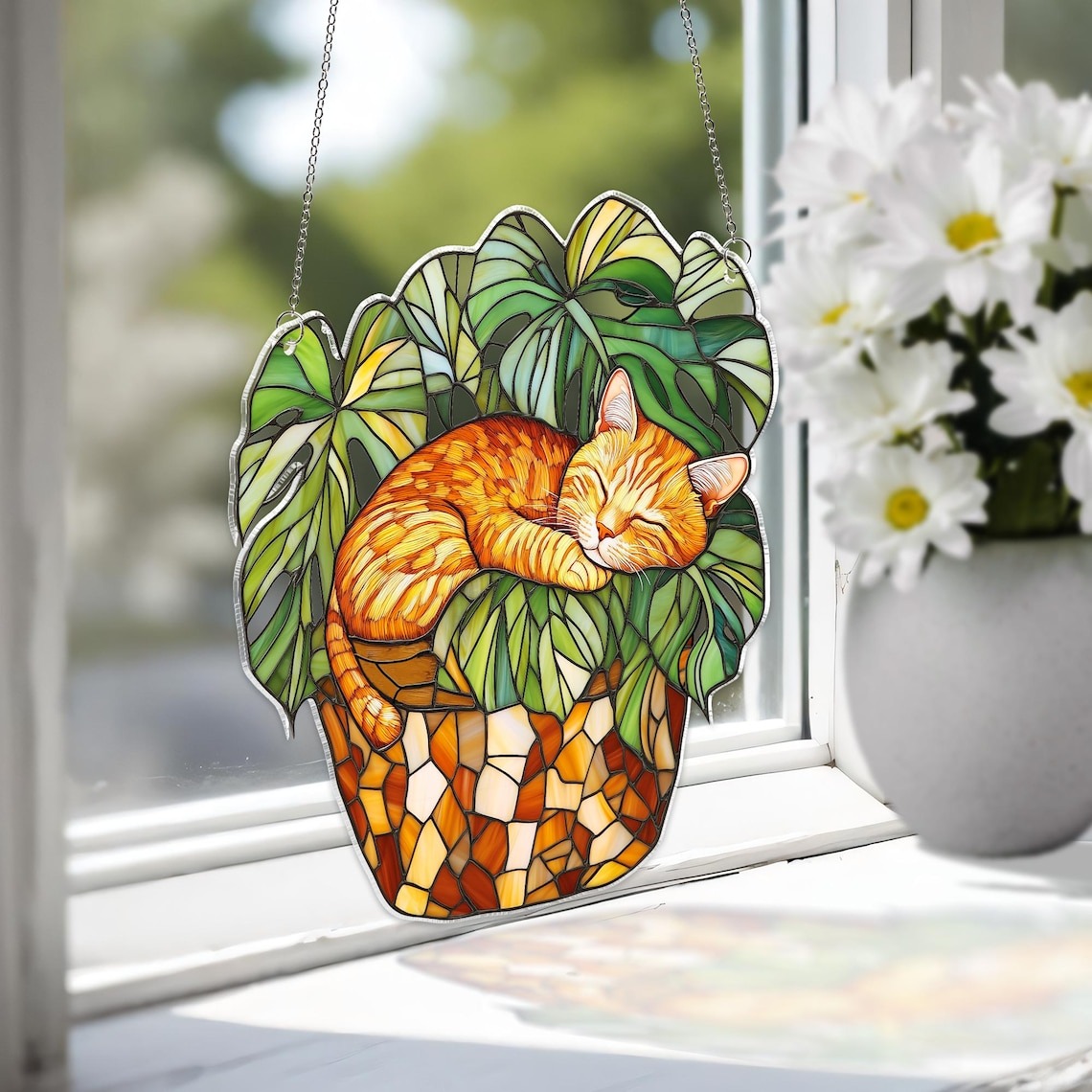 Orange Cat Monstera Suncatcher: Fade Resistant Acrylic Window Hanging