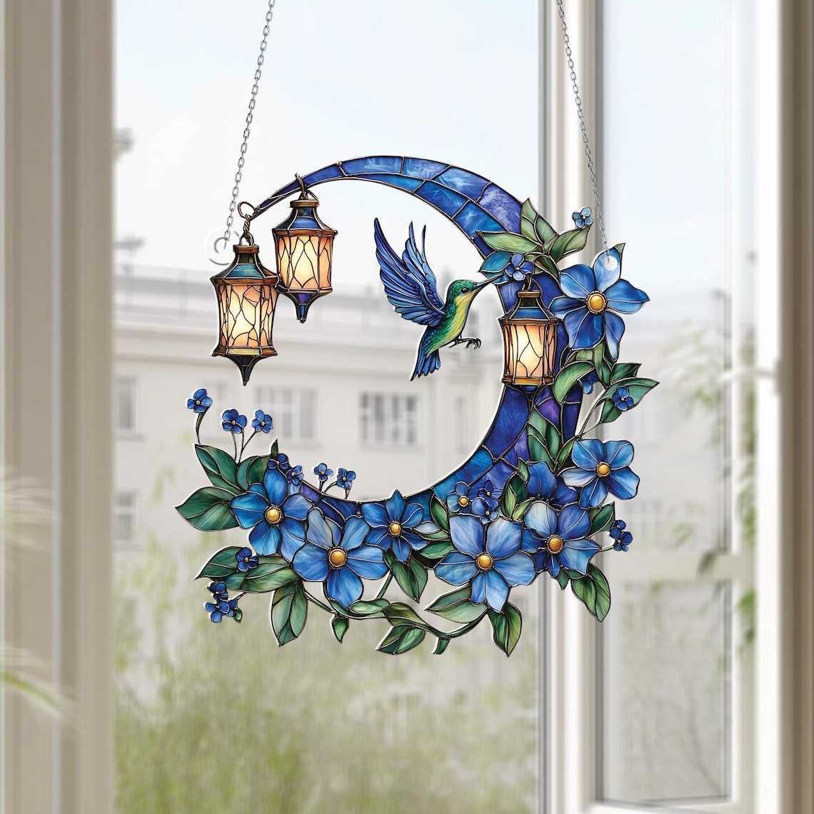 Hummingbird & Forget-Me-Not Acrylic Window Hanging: Nature Lover Gift