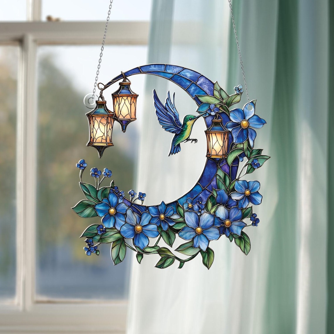 Hummingbird & Forget-Me-Not Acrylic Window Hanging: Nature Lover Gift