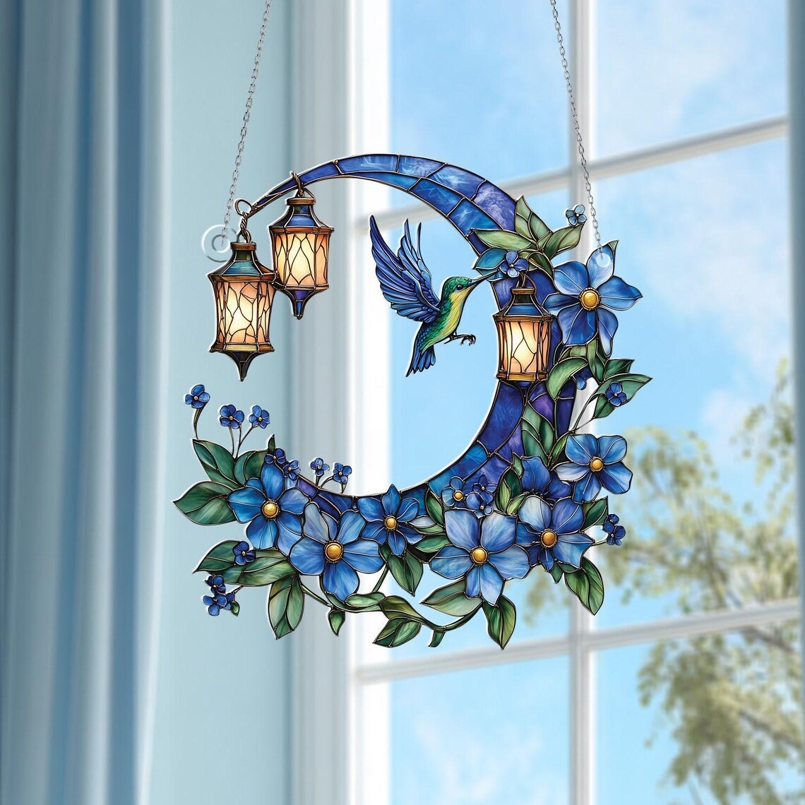 Hummingbird & Forget-Me-Not Acrylic Window Hanging: Nature Lover Gift