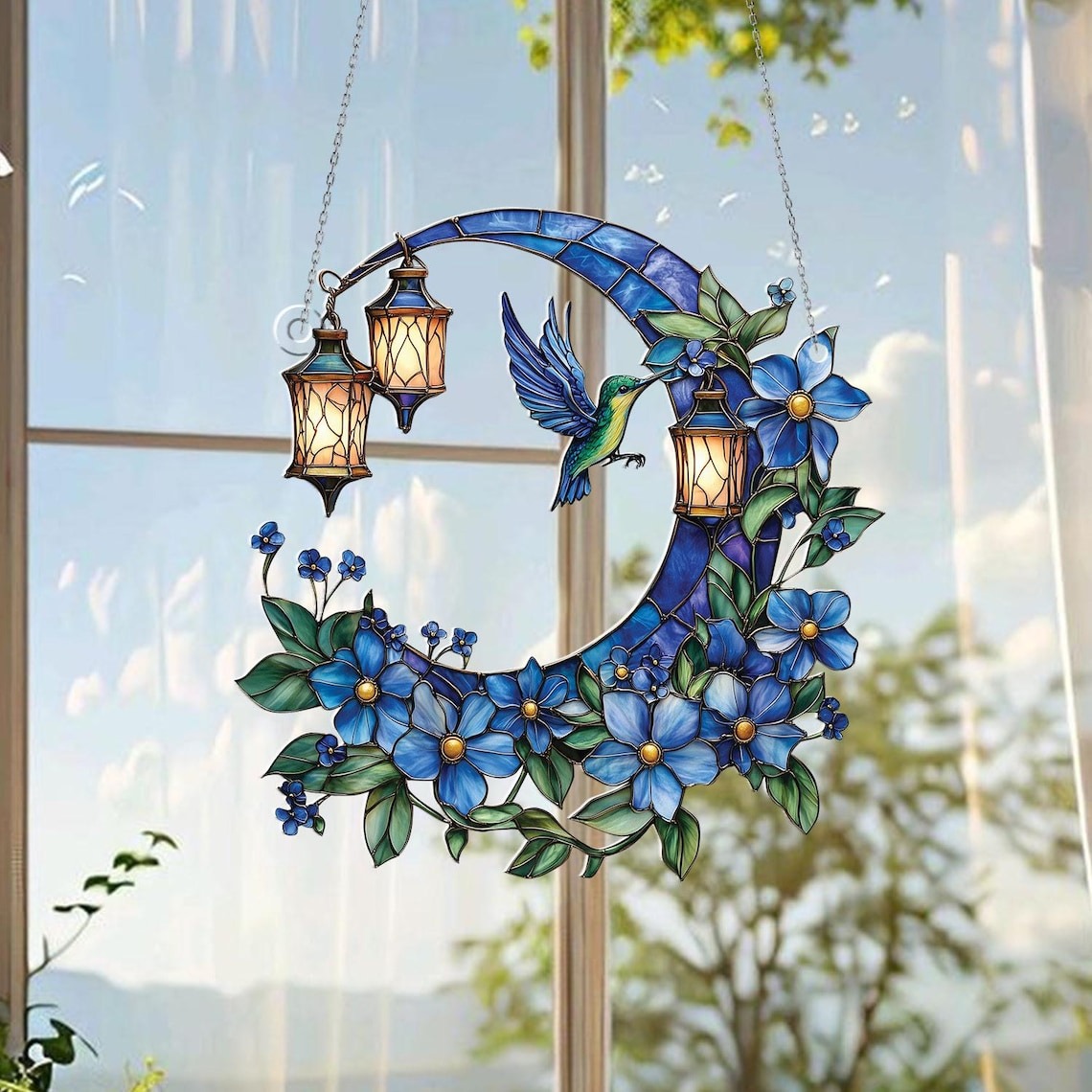 Hummingbird & Forget-Me-Not Acrylic Window Hanging: Nature Lover Gift