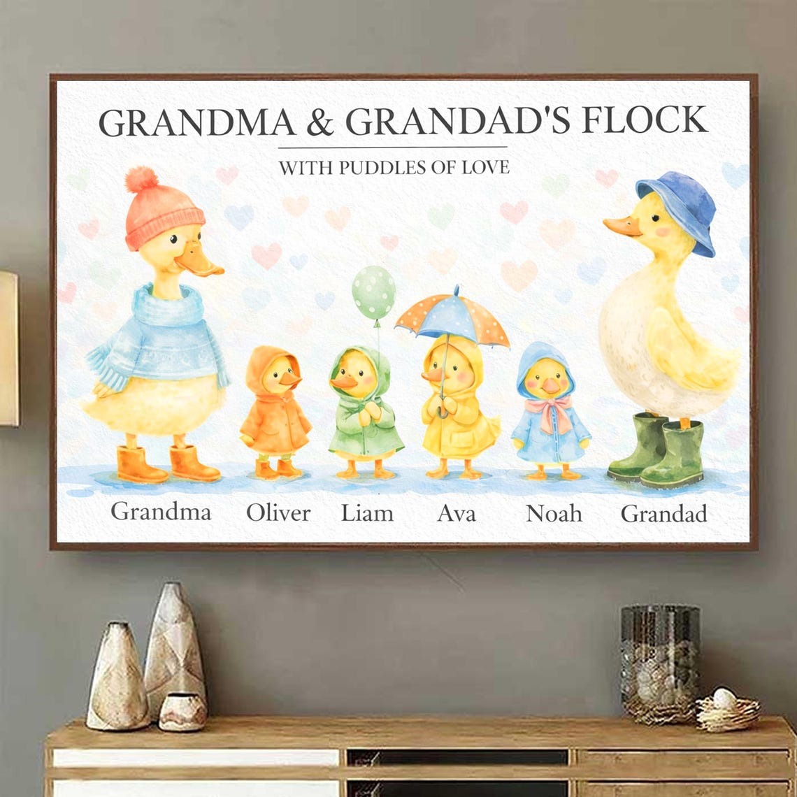 Grandparents Grandma Grandad's Flock with Puddles of Love Personalised Poster, Grandkids Names Canvas, Mother's Day Gift for Grandma