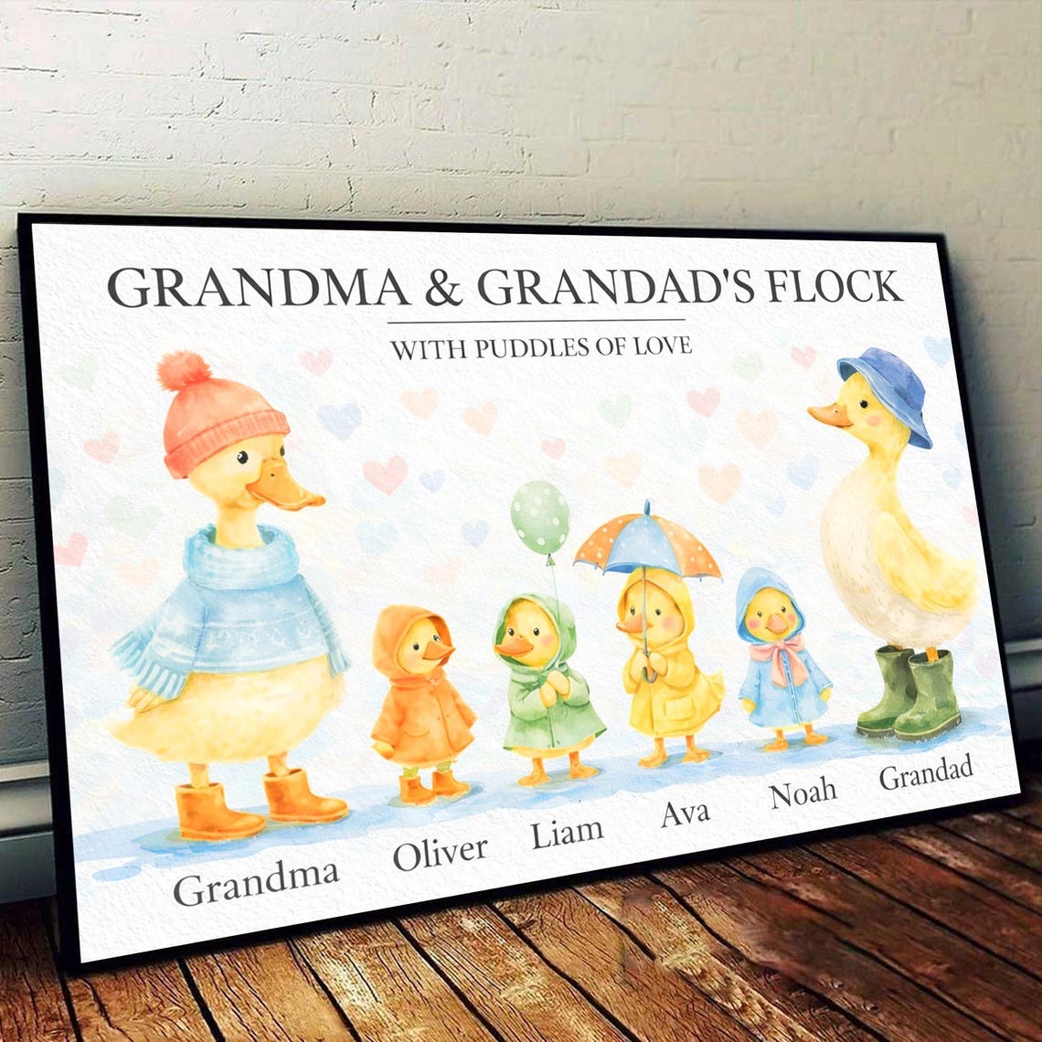 Grandparents Grandma Grandad's Flock with Puddles of Love Personalised Poster, Grandkids Names Canvas, Mother's Day Gift for Grandma