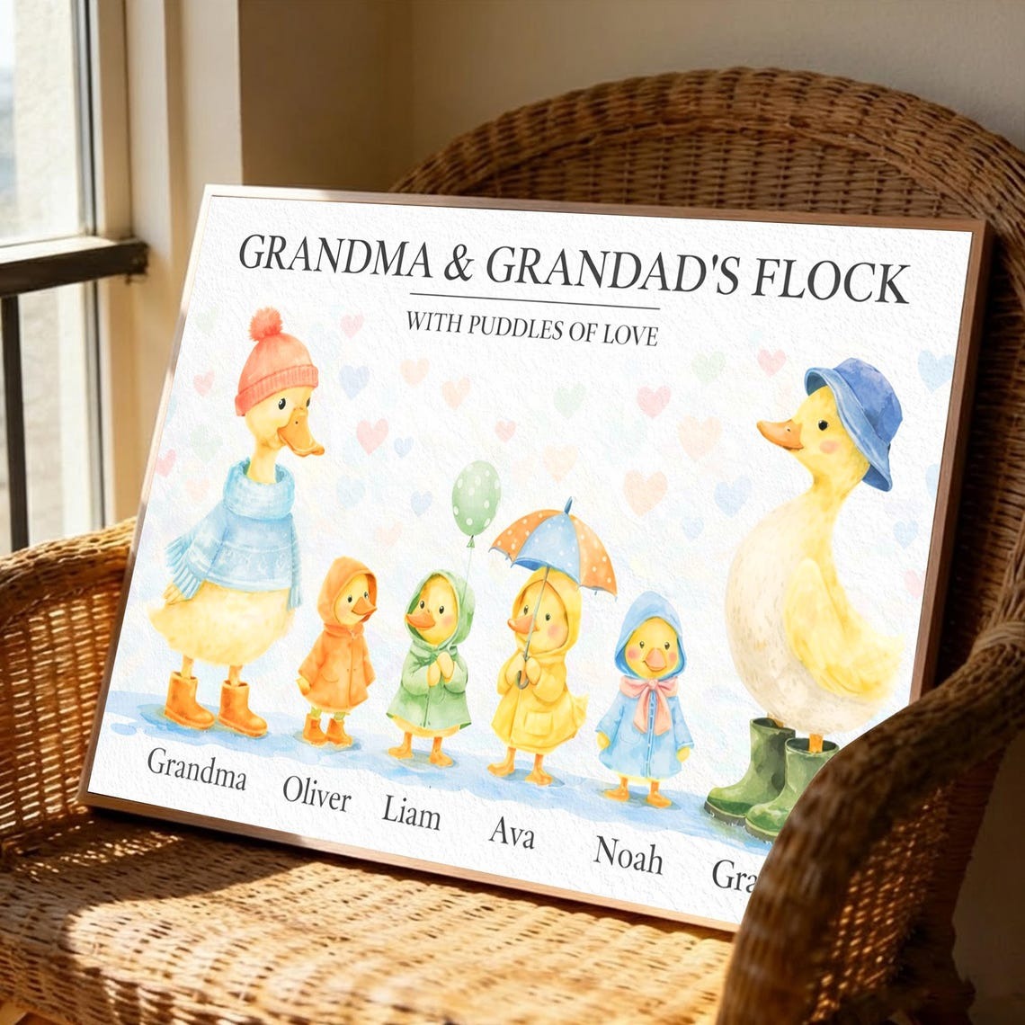 Grandparents Grandma Grandad's Flock with Puddles of Love Personalised Poster, Grandkids Names Canvas, Mother's Day Gift for Grandma