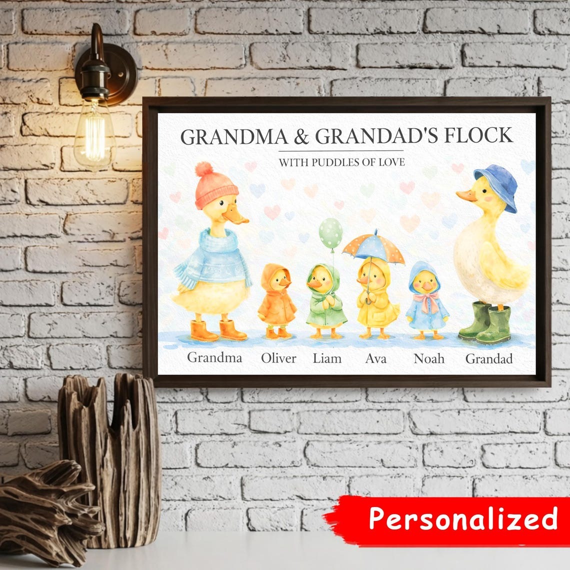 Grandparents Grandma Grandad's Flock with Puddles of Love Personalised Poster, Grandkids Names Canvas, Mother's Day Gift for Grandma
