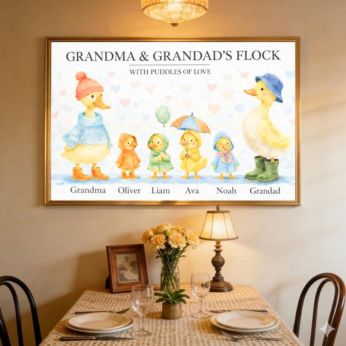 Grandparents Grandma Grandad's Flock with Puddles of Love Personalised Poster, Grandkids Names Canvas, Mother's Day Gift for Grandma