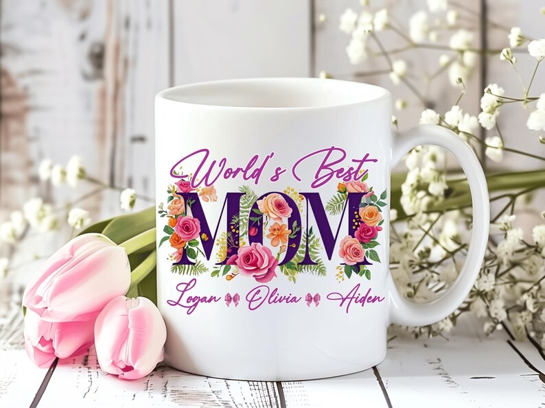 Personalized Floral Mom Mug, World's Best Mom Coffee Mug, Custom Flower Mom Cup, Mother's Day Gift for Mom