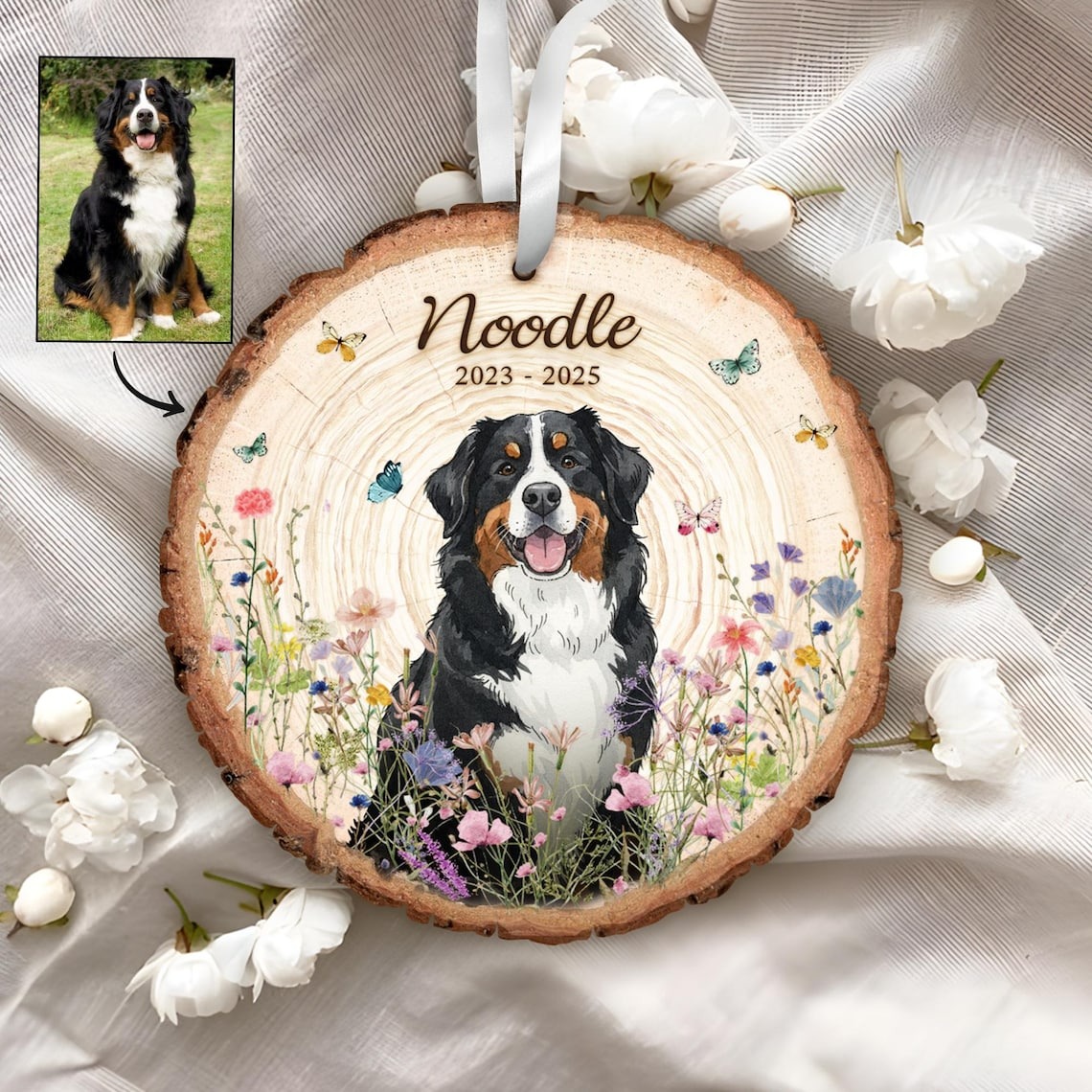 Personalized Pet Watercolor Wooden Ornament Using Pet's Photo + Name, Pet Painting Memorial Ornament