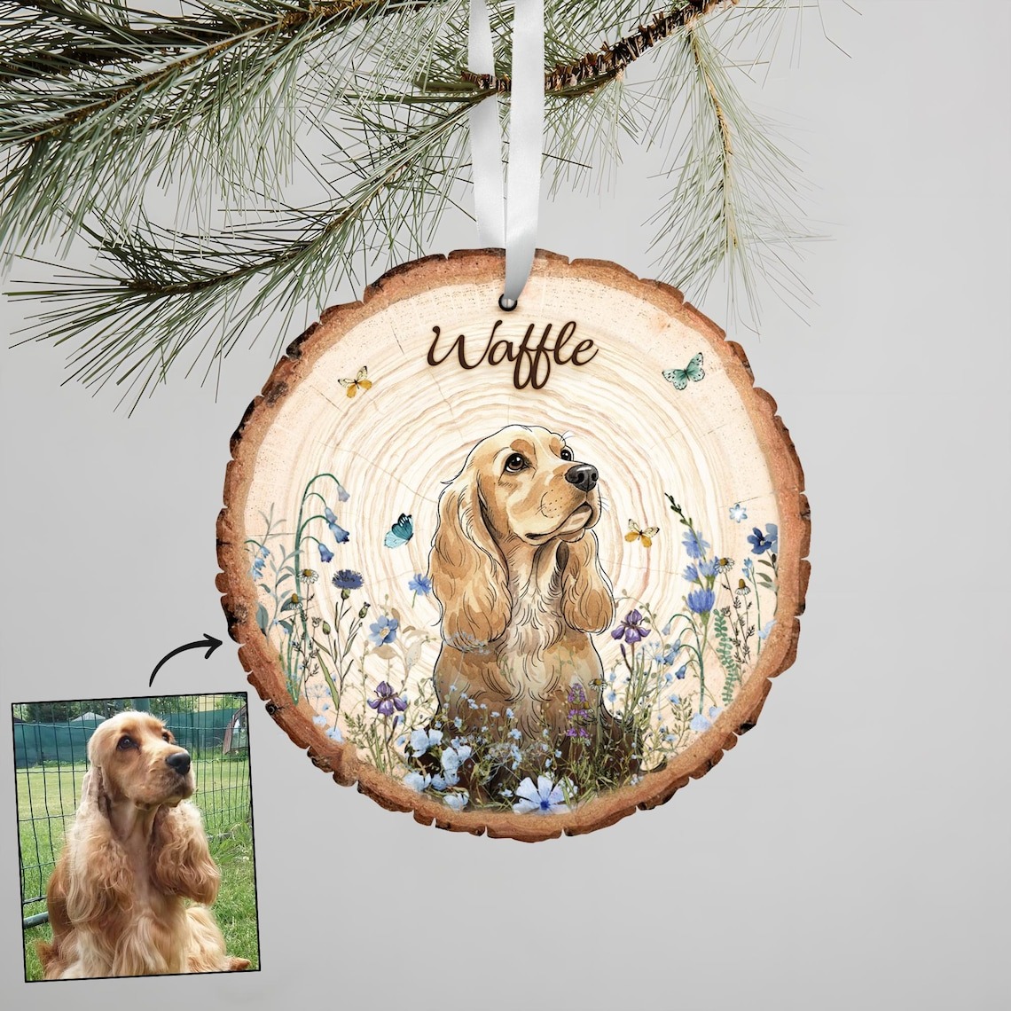 Personalized Pet Watercolor Wooden Ornament Using Pet's Photo + Name, Pet Painting Memorial Ornament