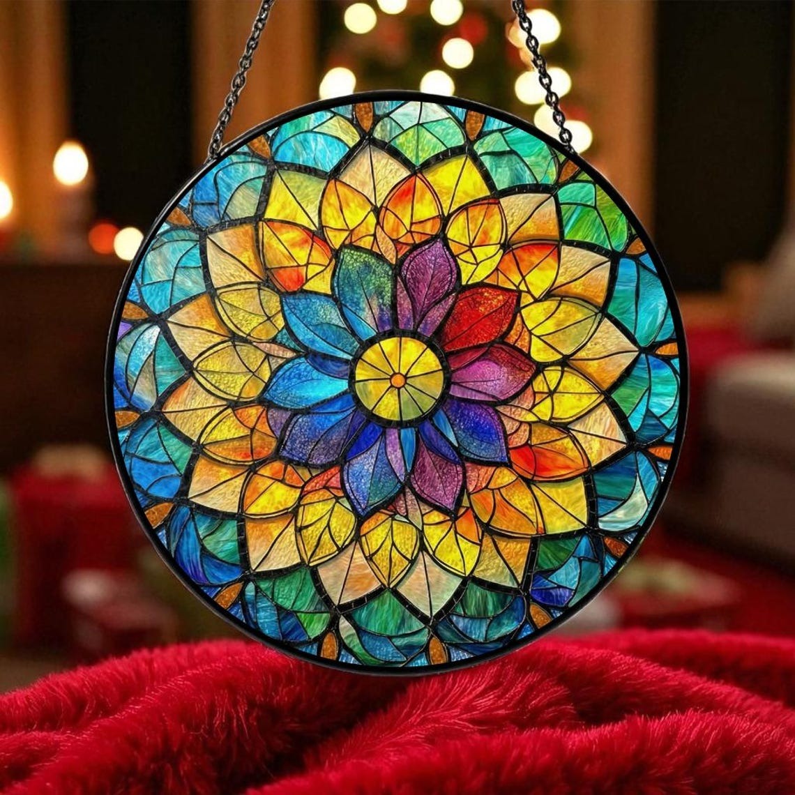 Rainbow Mandala Suncatcher, Colorful Stained Glass Window Hanging, Boho Floral Ornament Decor, Spiritual Light Art Piece For Home Gift