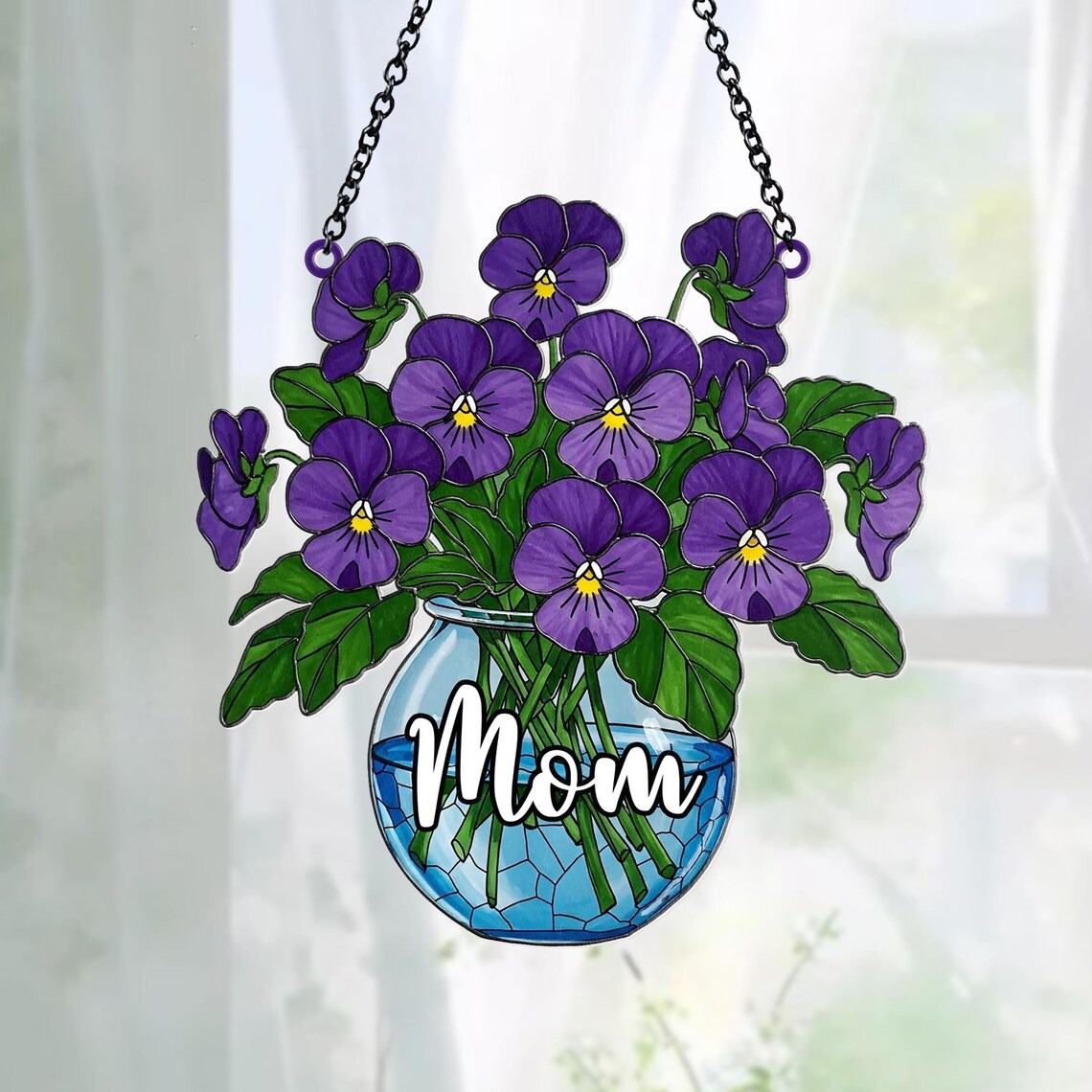Custom Violet Flowers Sun Catcher for Mama, Nana, Grandma Window Sun Catcher, Violets Vase Window Hanging, Violets Flowers Ornament