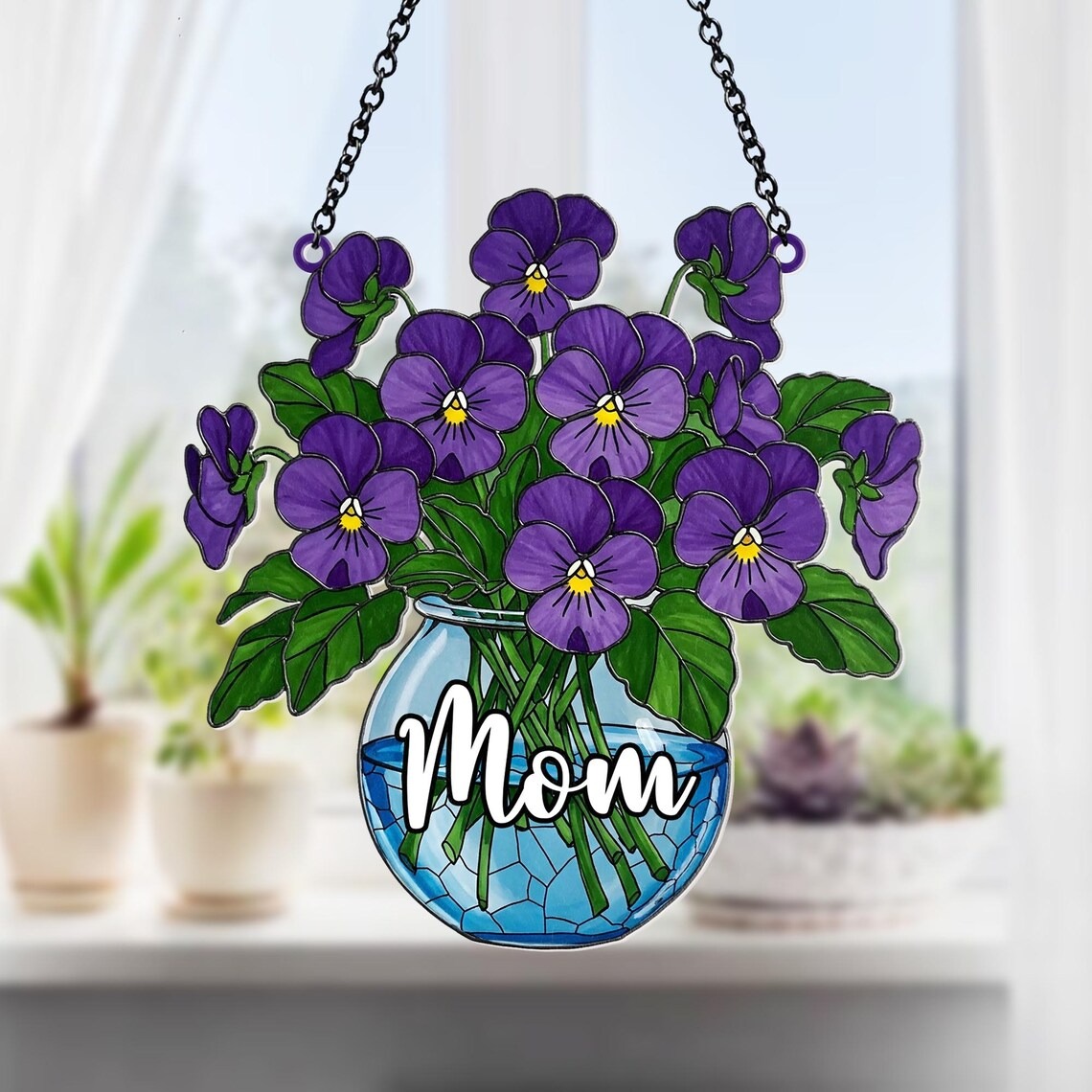 Custom Violet Flowers Sun Catcher for Mama, Nana, Grandma Window Sun Catcher, Violets Vase Window Hanging, Violets Flowers Ornament