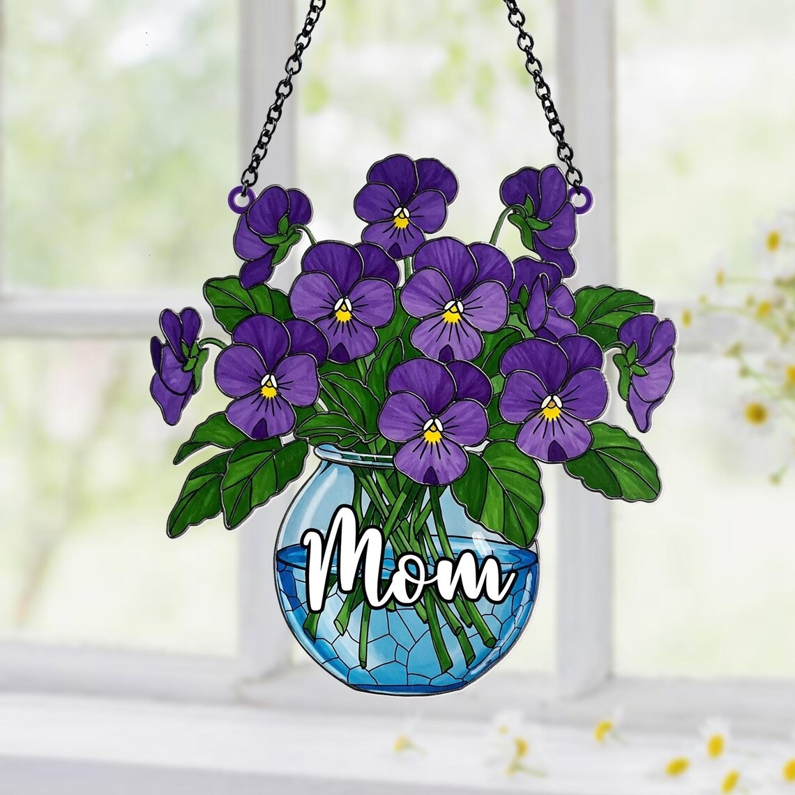 Custom Violet Flowers Sun Catcher for Mama, Nana, Grandma Window Sun Catcher, Violets Vase Window Hanging, Violets Flowers Ornament