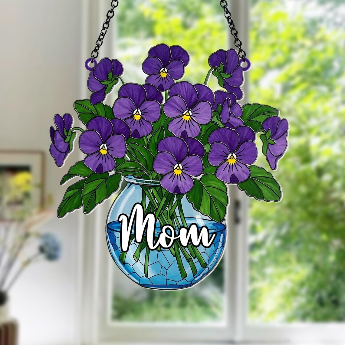 Custom Violet Flowers Sun Catcher for Mama, Nana, Grandma Window Sun Catcher, Violets Vase Window Hanging, Violets Flowers Ornament
