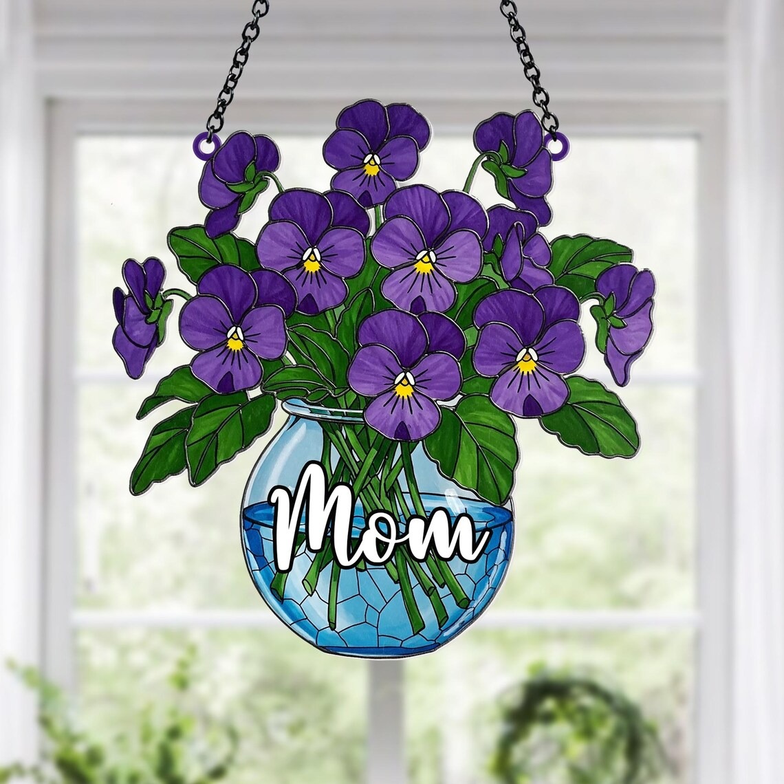 Custom Violet Flowers Sun Catcher for Mama, Nana, Grandma Window Sun Catcher, Violets Vase Window Hanging, Violets Flowers Ornament