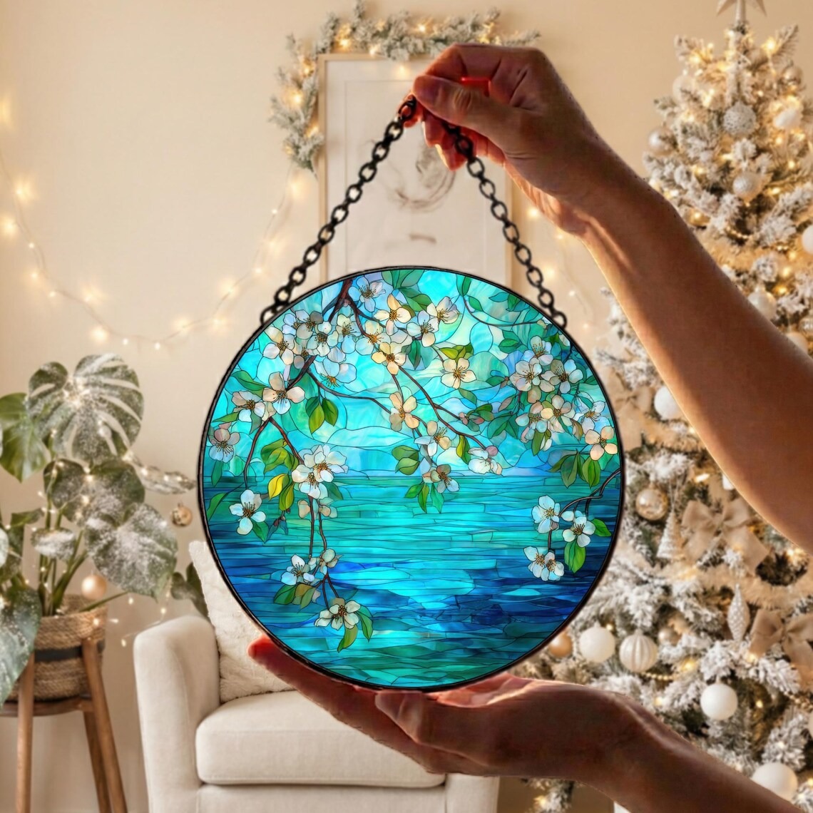 Stained Glass Ocean Flower Suncatcher, Coastal Window Ornament Decor, Beach House Window Hanging, Nature Inspired Suncatcher Gift Decor Art