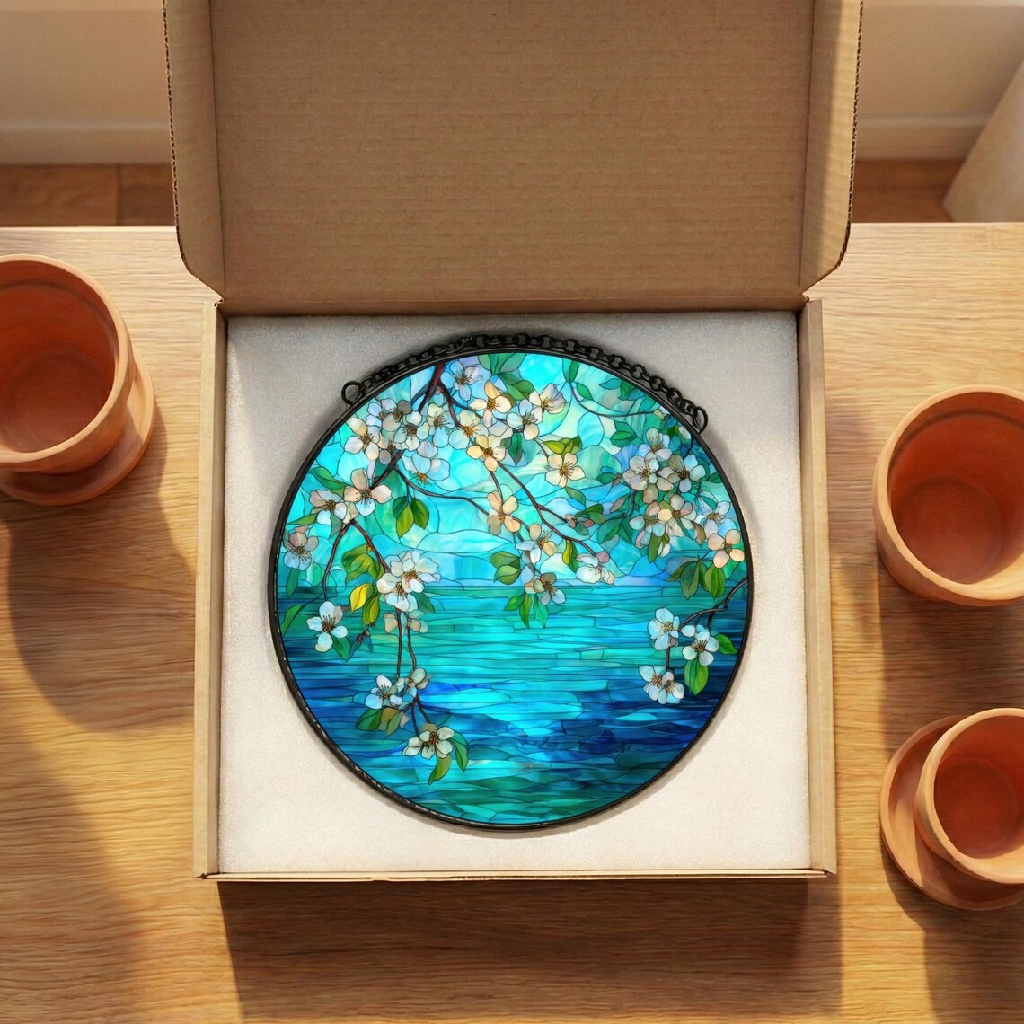 Stained Glass Ocean Flower Suncatcher, Coastal Window Ornament Decor, Beach House Window Hanging, Nature Inspired Suncatcher Gift Decor Art