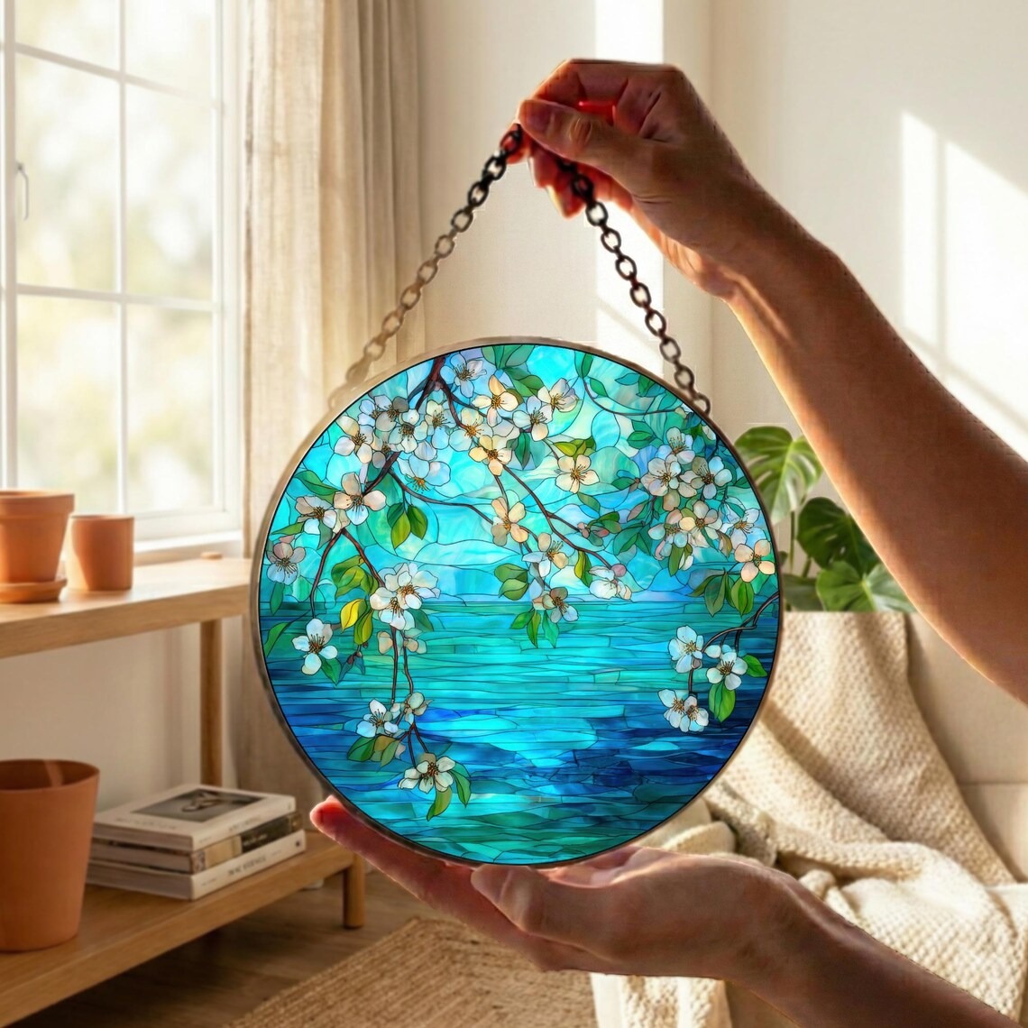 Stained Glass Ocean Flower Suncatcher, Coastal Window Ornament Decor, Beach House Window Hanging, Nature Inspired Suncatcher Gift Decor Art