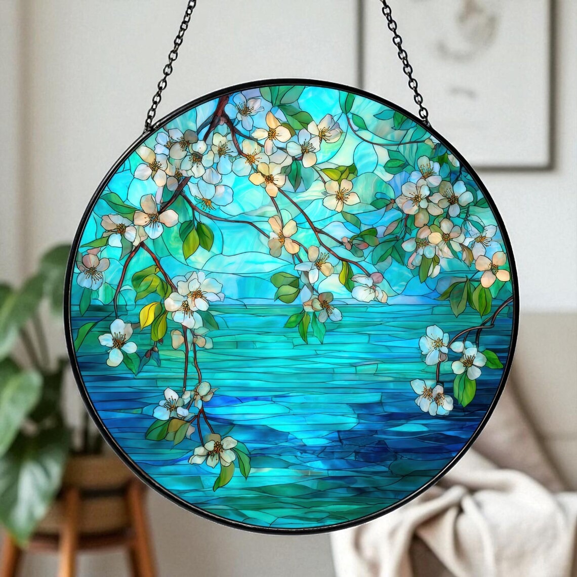 Stained Glass Ocean Flower Suncatcher, Coastal Window Ornament Decor, Beach House Window Hanging, Nature Inspired Suncatcher Gift Decor Art