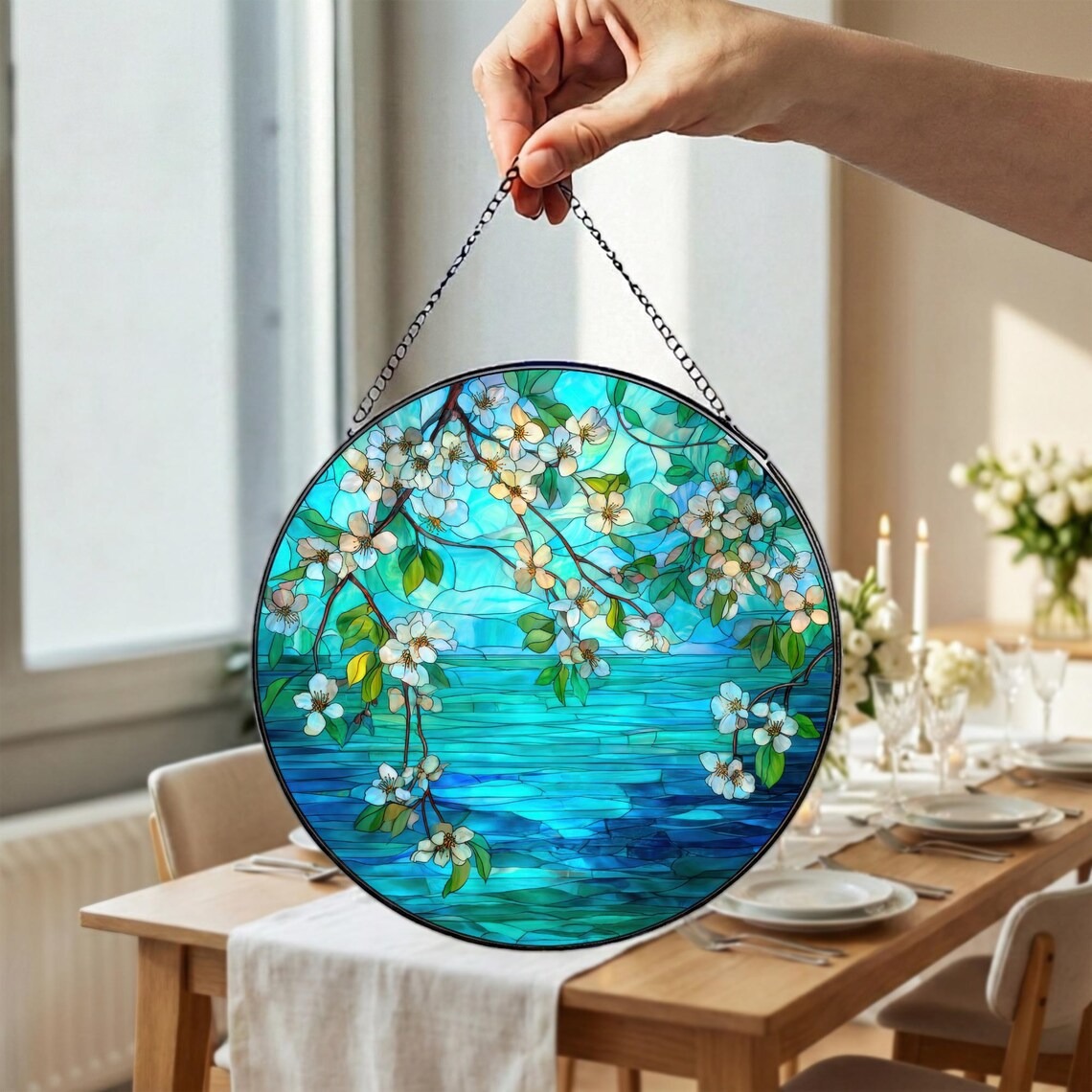 Stained Glass Ocean Flower Suncatcher, Coastal Window Ornament Decor, Beach House Window Hanging, Nature Inspired Suncatcher Gift Decor Art