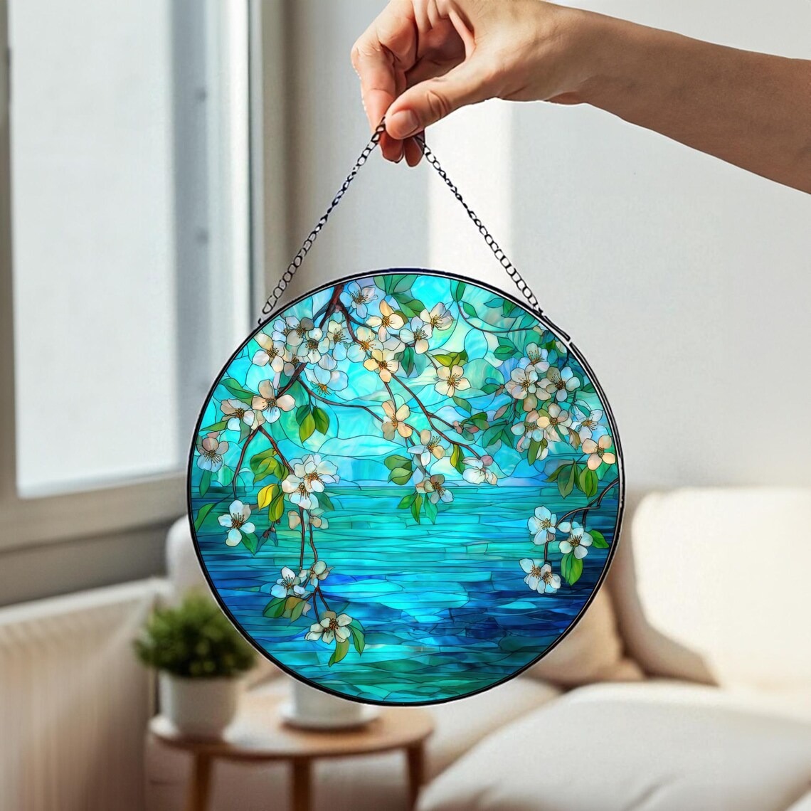 Stained Glass Ocean Flower Suncatcher, Coastal Window Ornament Decor, Beach House Window Hanging, Nature Inspired Suncatcher Gift Decor Art