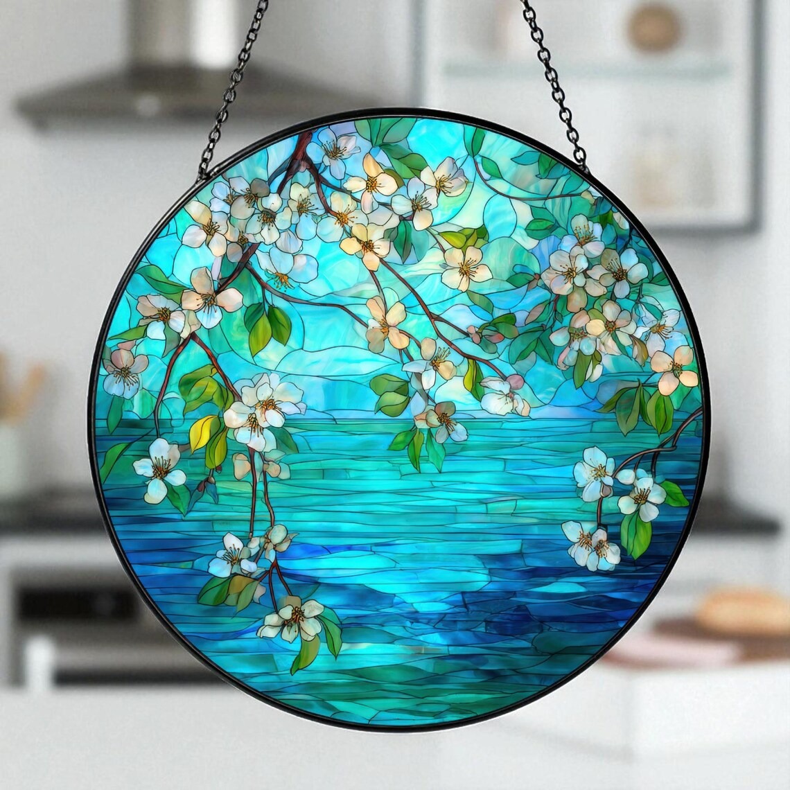 Stained Glass Ocean Flower Suncatcher, Coastal Window Ornament Decor, Beach House Window Hanging, Nature Inspired Suncatcher Gift Decor Art