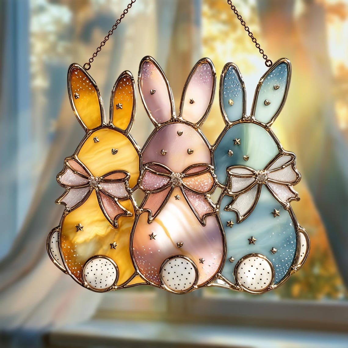 Trio Easter Bunny Stained Glass Suncatcher, Pastel Rabbit Spring Window Hanging Decor, Cute Holiday Gift for Home