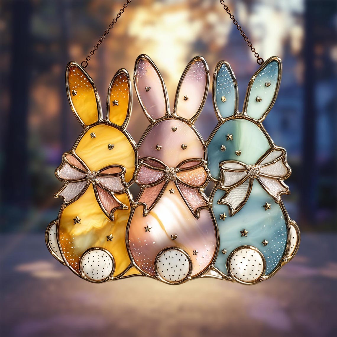 Trio Easter Bunny Stained Glass Suncatcher, Pastel Rabbit Spring Window Hanging Decor, Cute Holiday Gift for Home