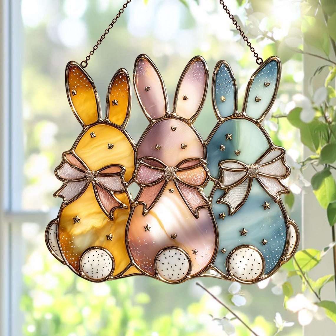Trio Easter Bunny Stained Glass Suncatcher, Pastel Rabbit Spring Window Hanging Decor, Cute Holiday Gift for Home