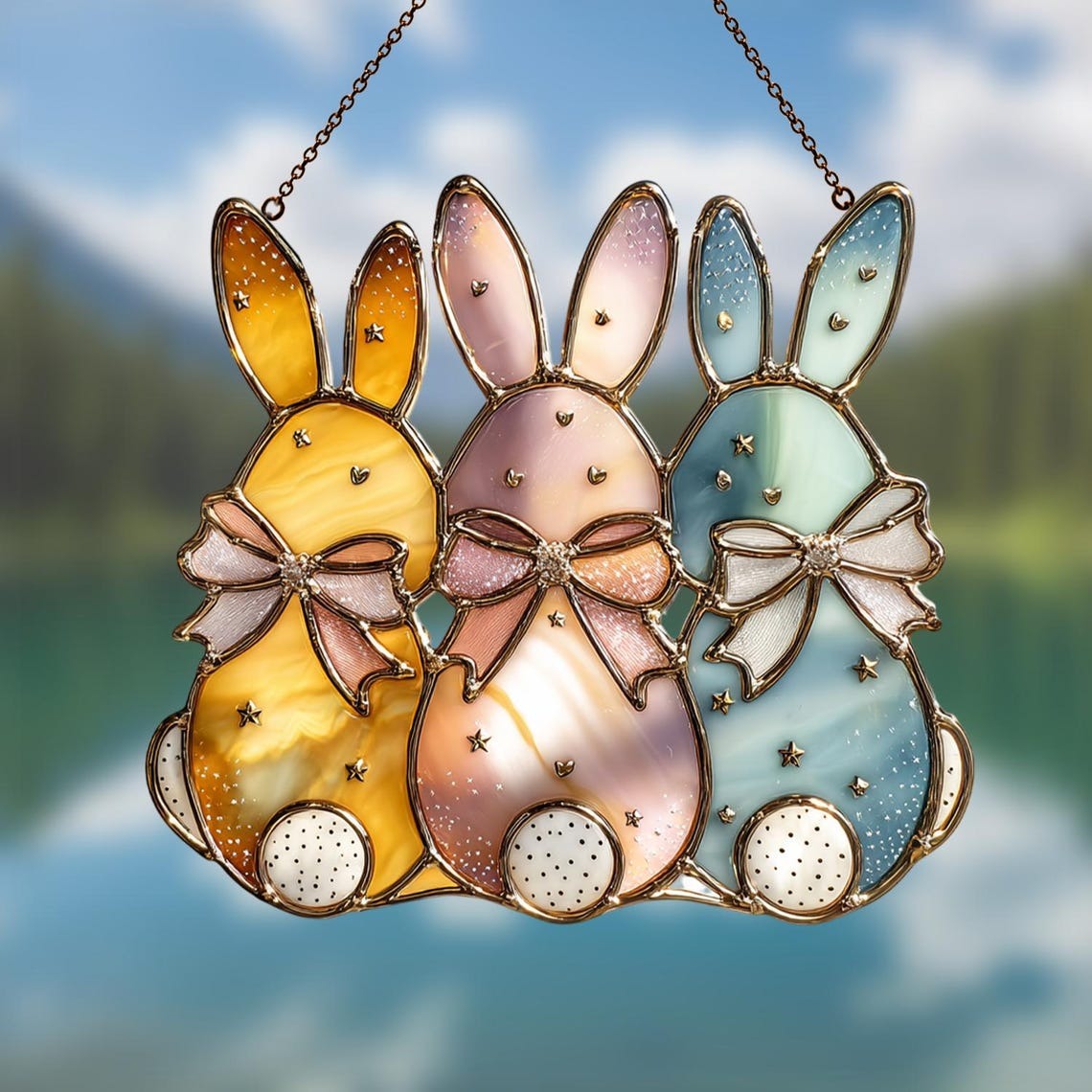 Trio Easter Bunny Stained Glass Suncatcher, Pastel Rabbit Spring Window Hanging Decor, Cute Holiday Gift for Home