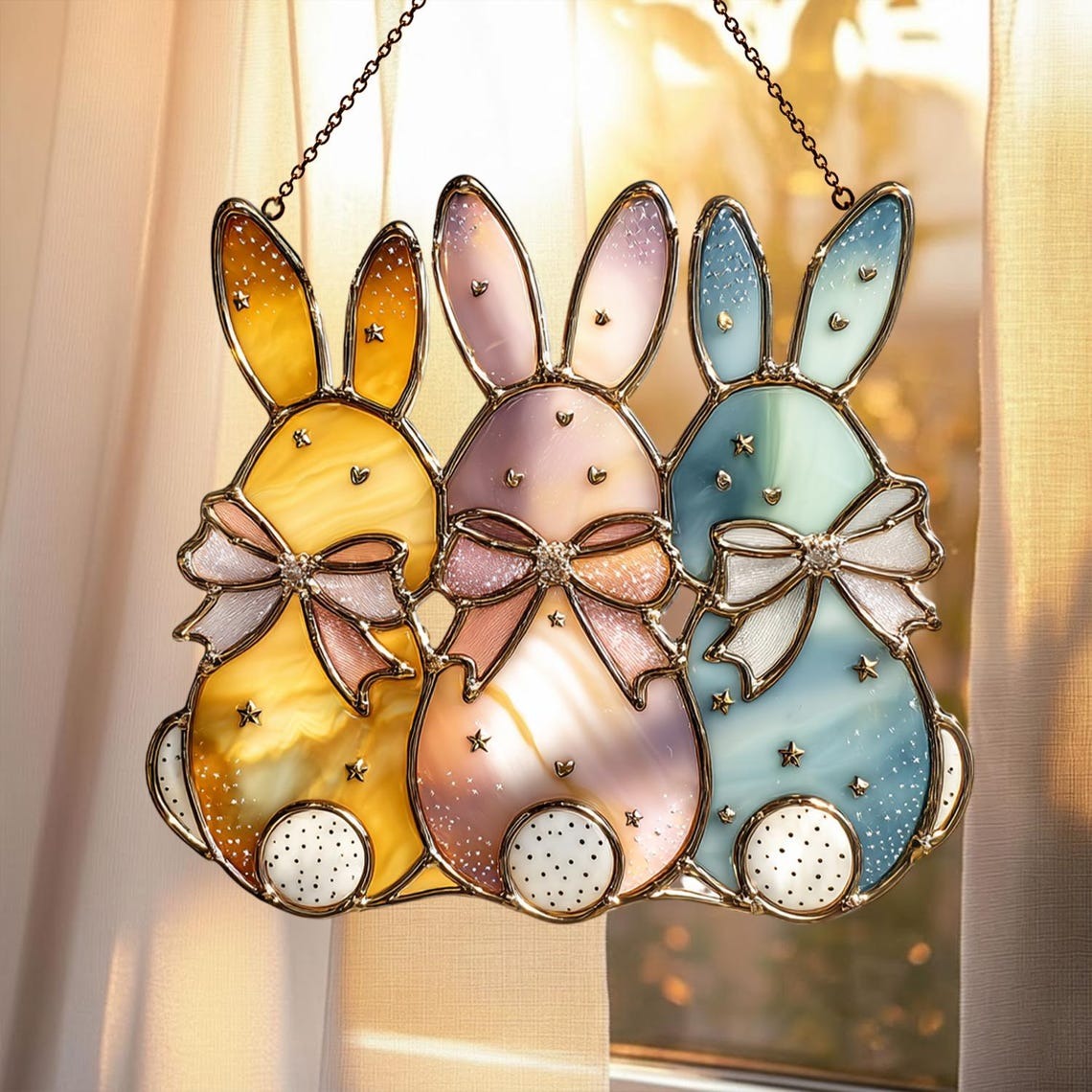 Trio Easter Bunny Stained Glass Suncatcher, Pastel Rabbit Spring Window Hanging Decor, Cute Holiday Gift for Home