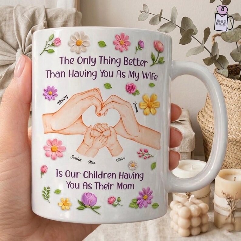 Personalized Family Mug, Custom Family Name Coffee Mug, Hand in Hand Family Cup, Mother's Day Gift for Wife, New Baby Keepsake