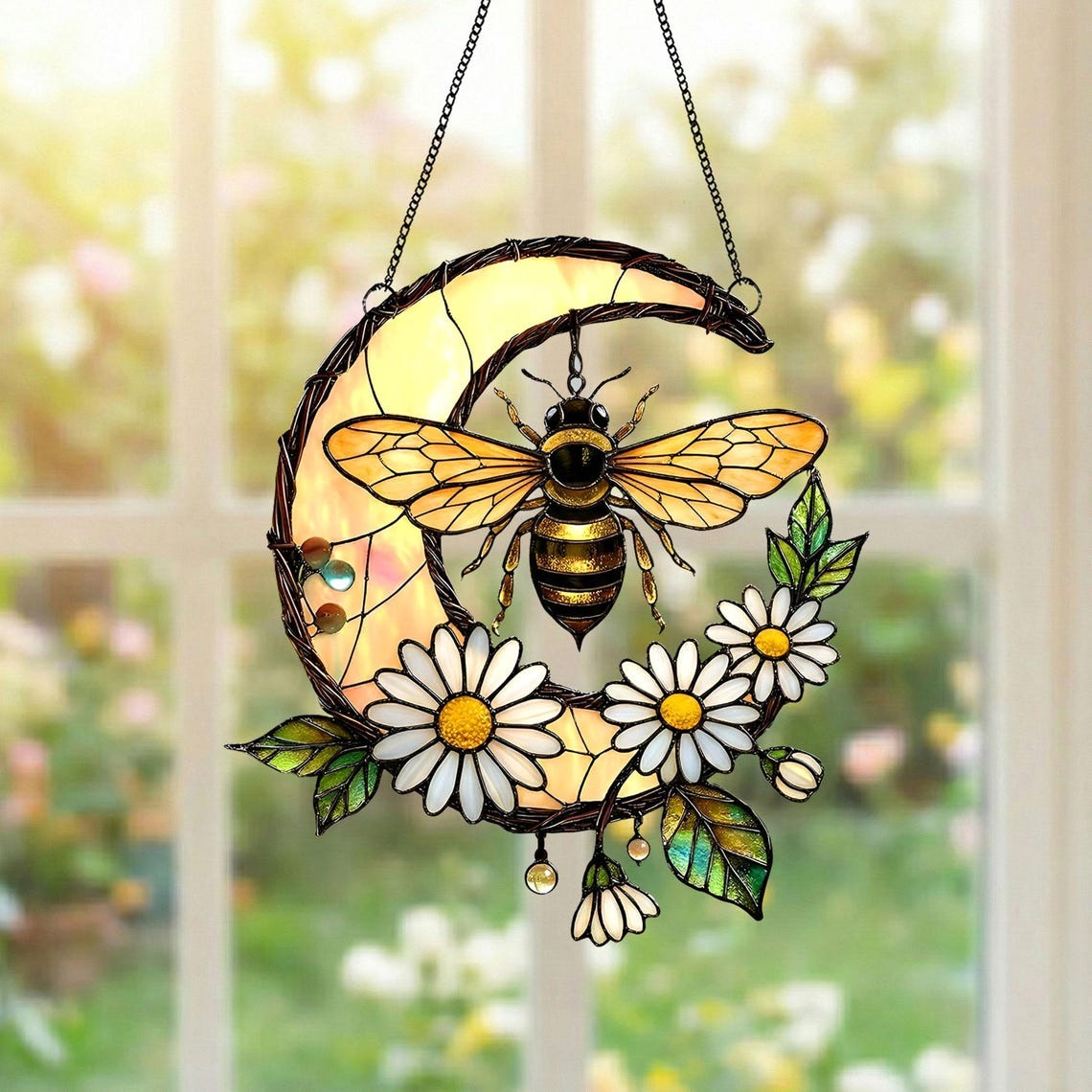 Bee Stained Glass Suncatcher Acrylic Window Hanging, Honeybee Gift for Garden Lover, Bee Wildflower Suncatcher Home Decor, Mother's Day Gift