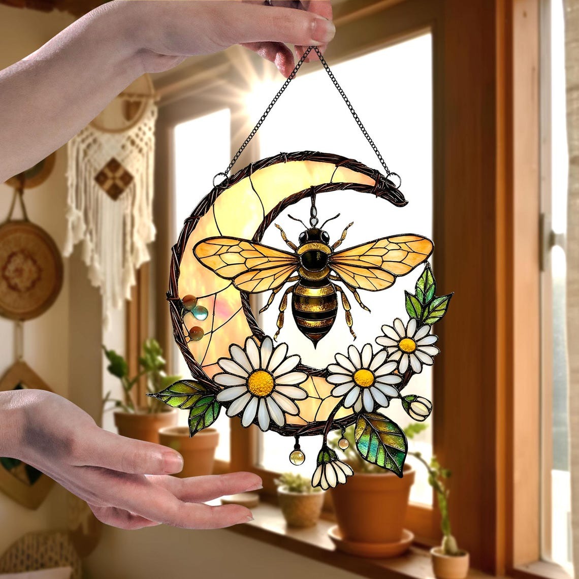 Bee Stained Glass Suncatcher Acrylic Window Hanging, Honeybee Gift for Garden Lover, Bee Wildflower Suncatcher Home Decor, Mother's Day Gift