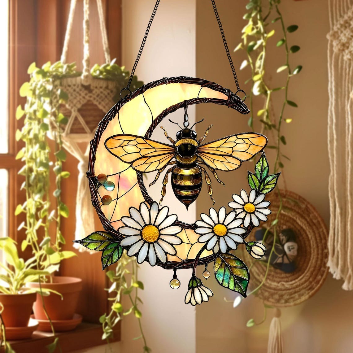Bee Stained Glass Suncatcher Acrylic Window Hanging, Honeybee Gift for Garden Lover, Bee Wildflower Suncatcher Home Decor, Mother's Day Gift