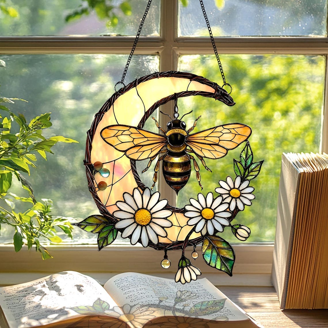 Bee Stained Glass Suncatcher Acrylic Window Hanging, Honeybee Gift for Garden Lover, Bee Wildflower Suncatcher Home Decor, Mother's Day Gift