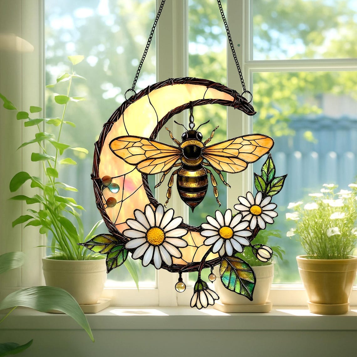 Bee Stained Glass Suncatcher Acrylic Window Hanging, Honeybee Gift for Garden Lover, Bee Wildflower Suncatcher Home Decor, Mother's Day Gift